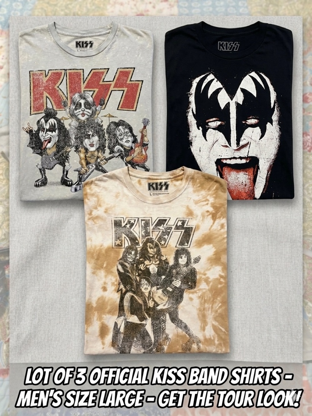 LG KISS Graphic Tee Trio - Black, Gray, Tan Tie-Dye